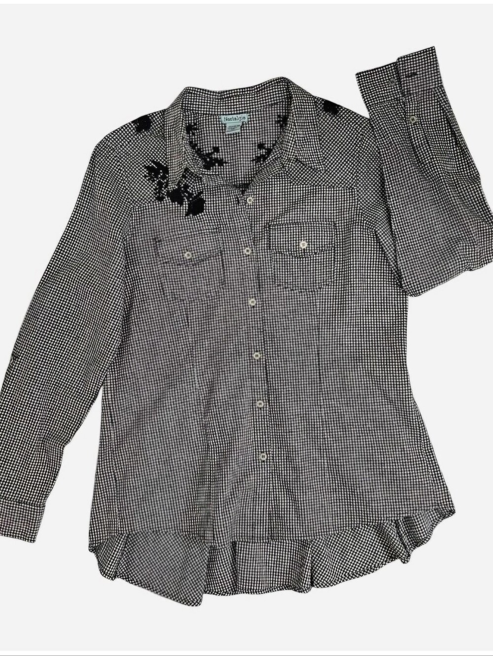 Nostalgia black & white gingham shirt with black floral embroidery size Medium